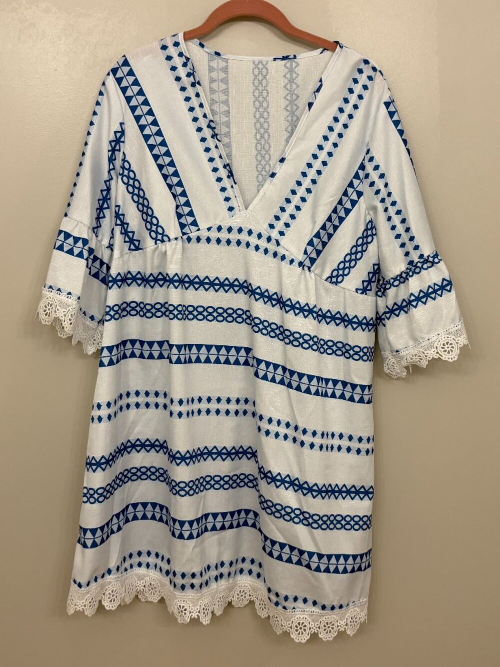 NWOT - Shein Aztec Print Lace Trim Swim Cover-up - Blue and White - Size Large